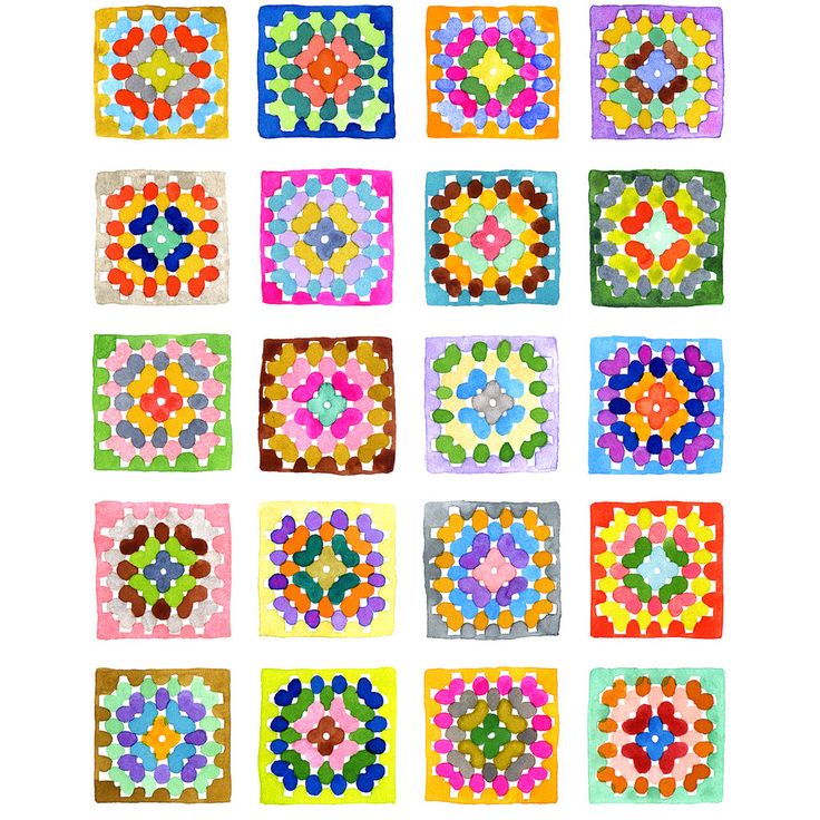 nine squares are arranged in different colors and shapes, each with an individual's own design