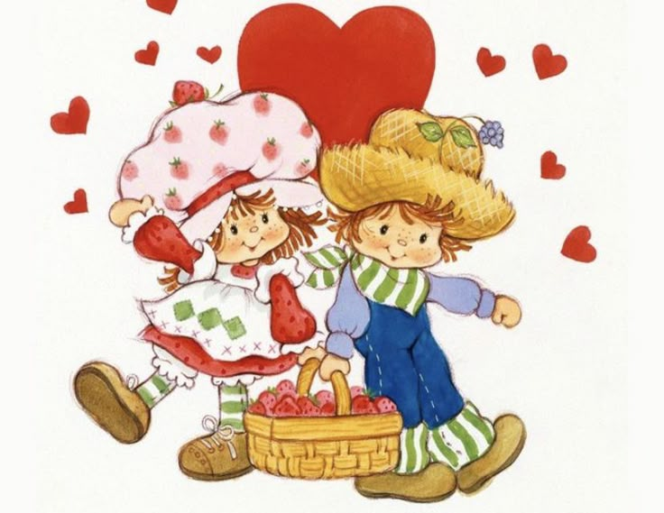 two children with straw hats on and one holding a basket full of strawberries in front of the caption reads, spread love