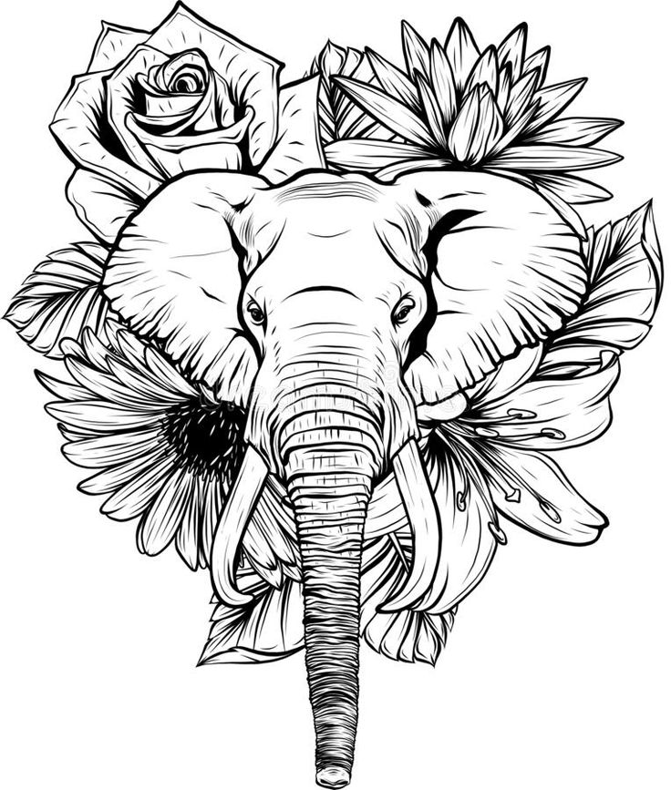 an elephant's head with flowers and leaves on its face, in black and white