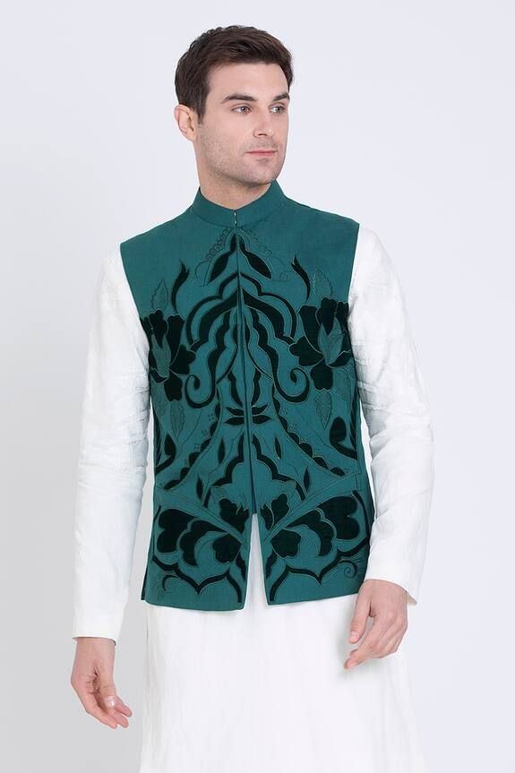 Teal green sleeveless linen bundi with contrasting black Damask bloom embroidery detailing. - Aza Fashions Bloom Embroidery, Dia Mirza, Linen Embroidery, Diana Penty, Embroidery Detailing, Kareena Kapoor Khan, Luxury Sale, Nehru Jackets, Kiara Advani