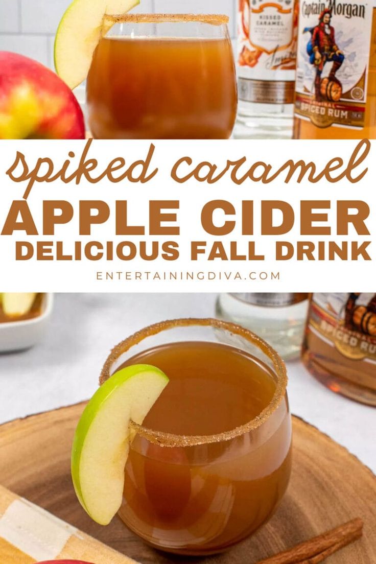 an apple cider is served in a glass with cinnamon sticks and apples on the side