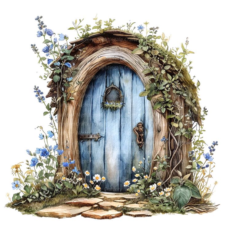 a watercolor painting of a blue door with vines and flowers around it, surrounded by rocks