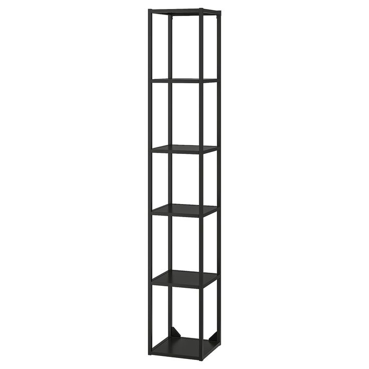 a tall black shelf with three shelves on each side and one section missing the top