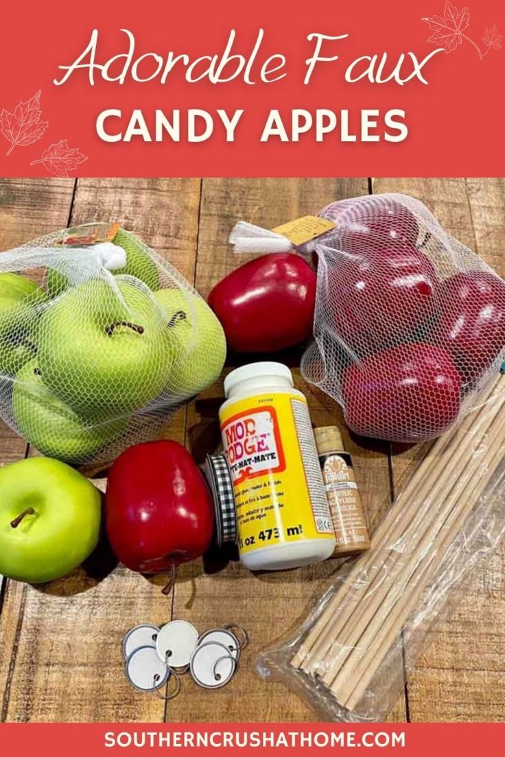 some apples and other fruit are on a table with the words, adorable faux candy apples