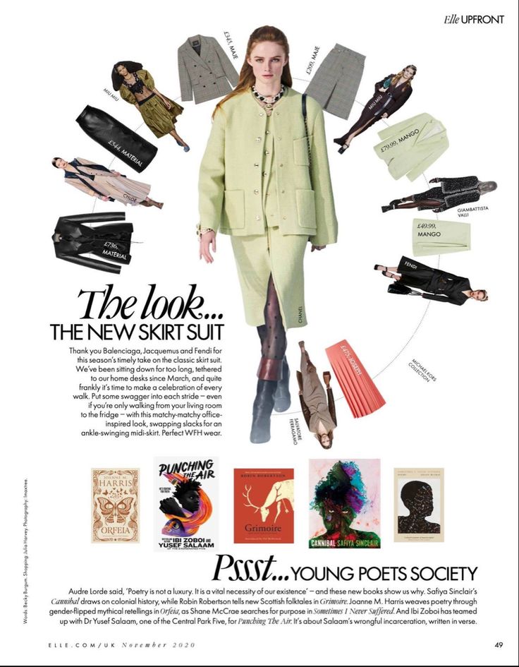 an advertisement for the new skirt suit featuring women's clothing and accessories in various colors