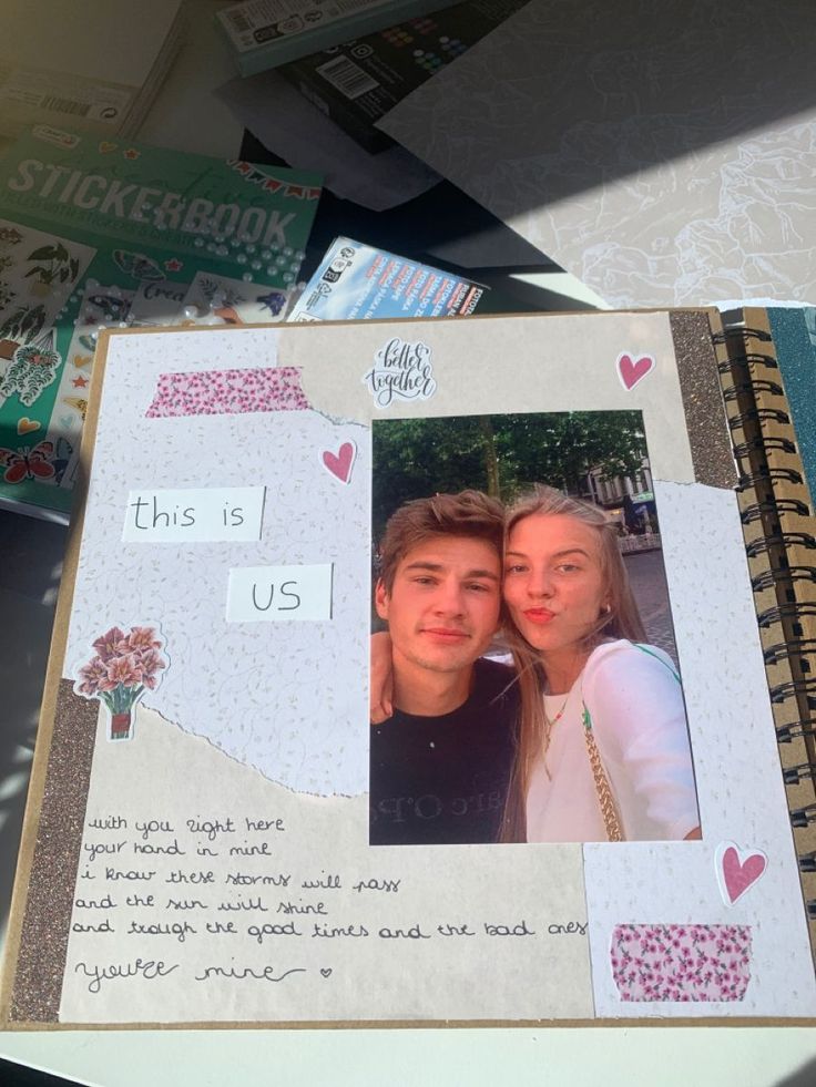 a scrapbook with an image of two people and the words this is us written on it