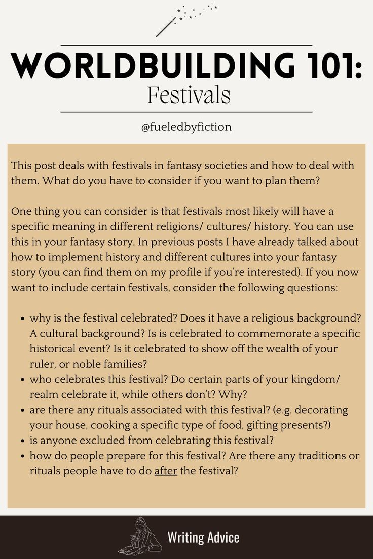 This pin talks about including festivals into your world building process. Things To Include In Your Fantasy World, Fantasy Worldbuilding Ideas, World Ideas Writing, Fantasy World Building Ideas, How To Create A Fantasy World, Fantasy Culture Ideas, Worldbuilding Checklist, World Building Worksheet, Culture Worldbuilding