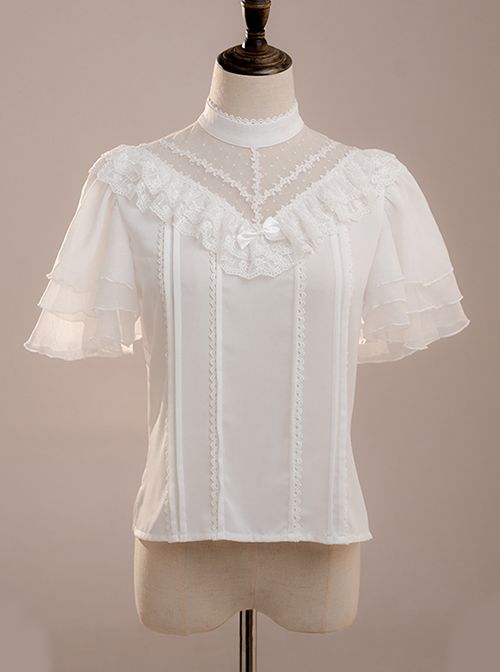 White Layered Pleated Lace Jacquard V Neckline Design Elegantly Ruffled Short Sleeves Bow Knot Classic Lolita Shirt Fitted Short Sleeve Lace Top With Ruffles, Lace Tops With Ruffles And Short Sleeves, Lace Top With Ruffles And Short Sleeves, Short Sleeve Lace Tops With Ruffles, Lace Ruffle Tops With Short Sleeves, Short Sleeve Ruffled Tops For Wedding, Short Sleeve Ruffle Top For Wedding, Short Sleeve Wedding Top With Ruffles, Formal Short Sleeve Top With Lace Trim