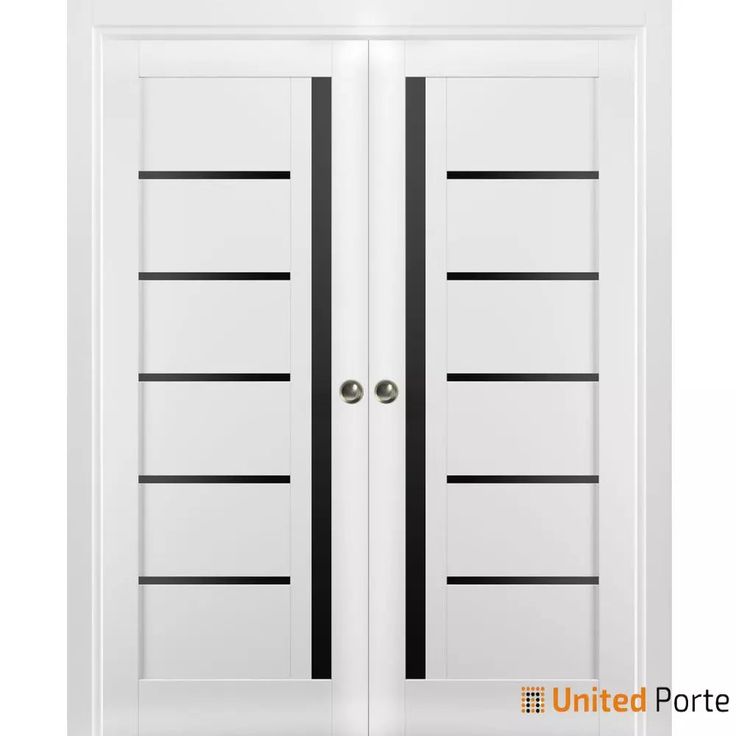 two white double doors with black stripes on the top and bottom, against a white background