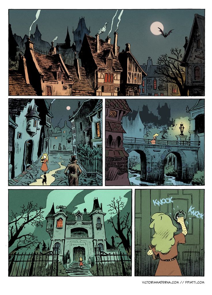 an image of a comic strip with the theme of a town at night and people walking around