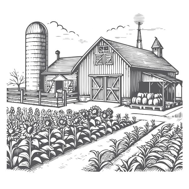 an illustration of a farm with a barn and silo in the background, surrounded by crops