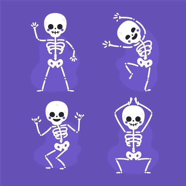 three skeleton dancing with their arms and legs in different positions on a purple background illustration