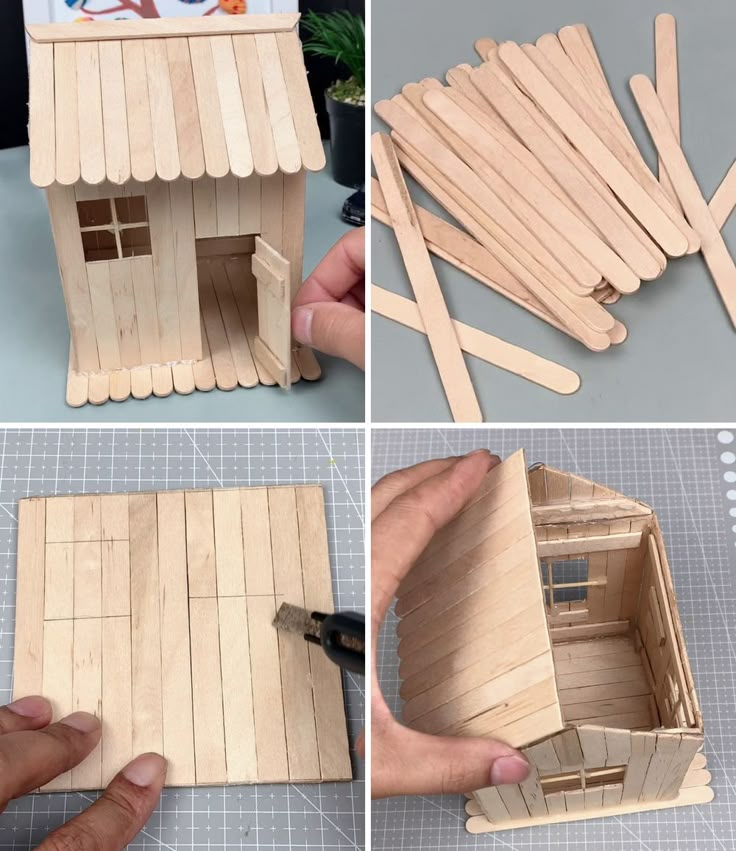 four pictures showing how to make a dollhouse out of popsicle sticks