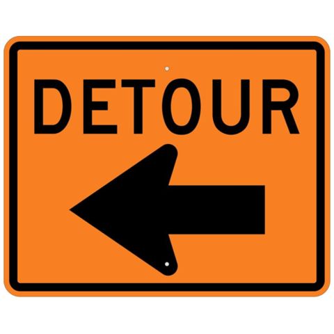 an orange detour sign with an arrow pointing to the right and left hand side