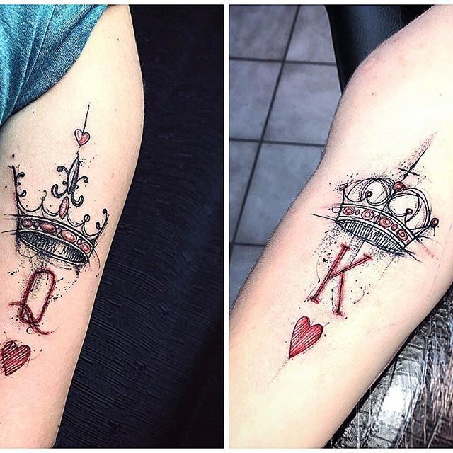 two tattoos with hearts and crowns on them