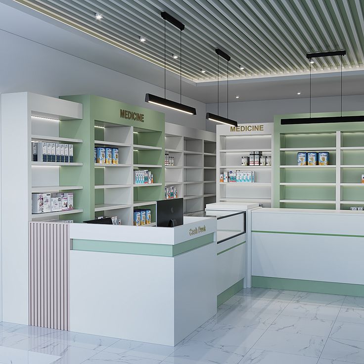 the front desk of a pharmacy store with shelves full of medicine and other medical supplies