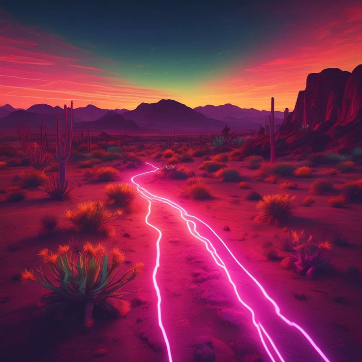 an image of a road going through the desert at night with neon lights on it