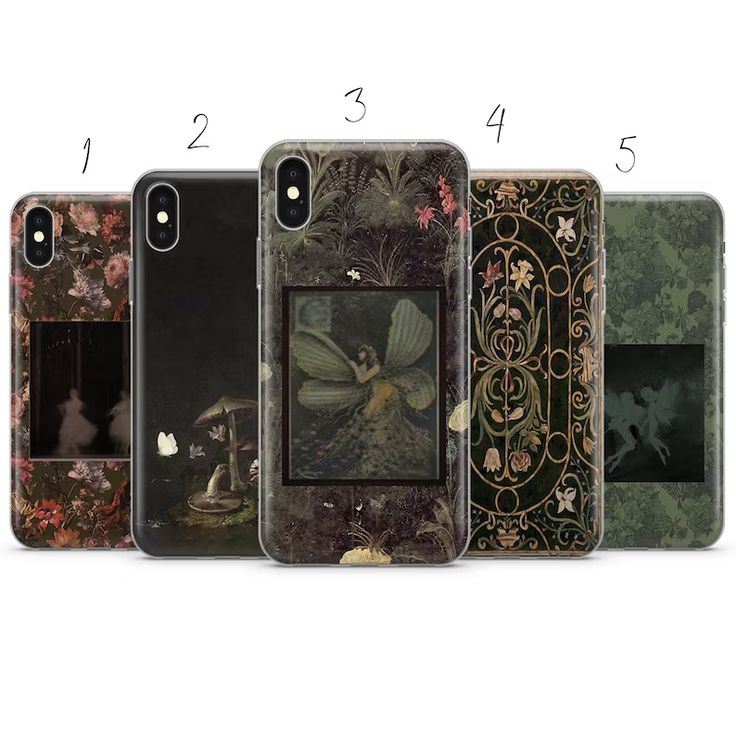 four iphone cases with different designs and colors, all showing the same artwork on them