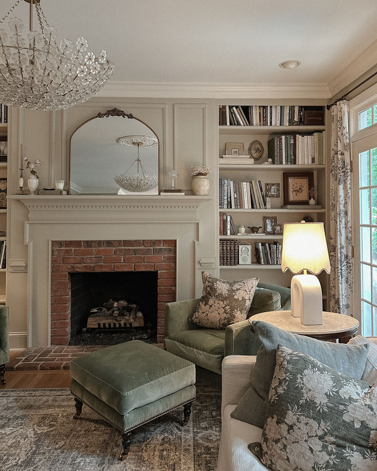 a living room filled with furniture and a fire place in front of a fireplace covered in books