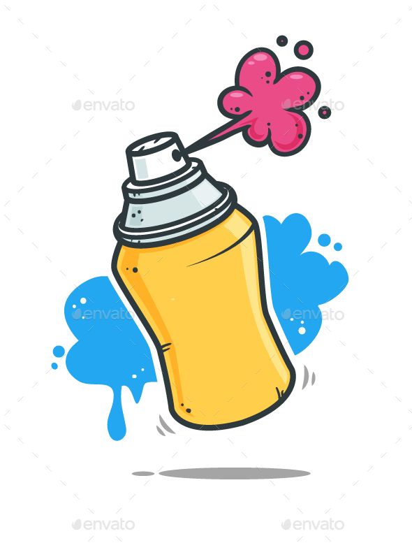 an orange spray bottle with a pink flower on it and blue paint splatters around it