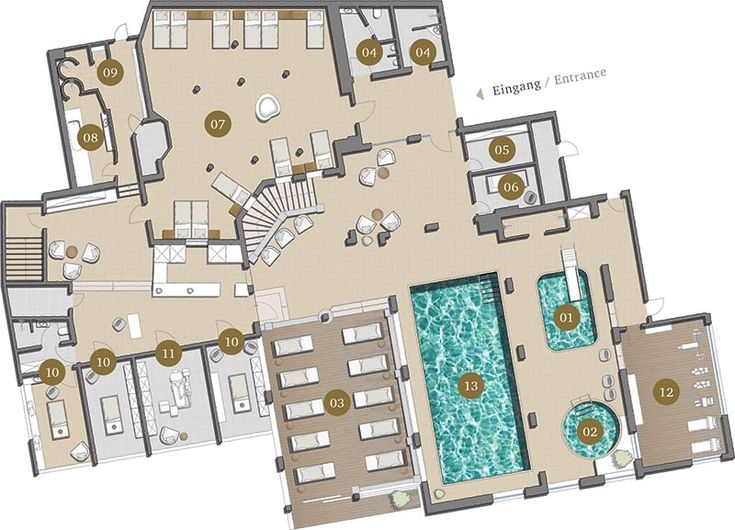 the floor plan for an apartment with swimming pool