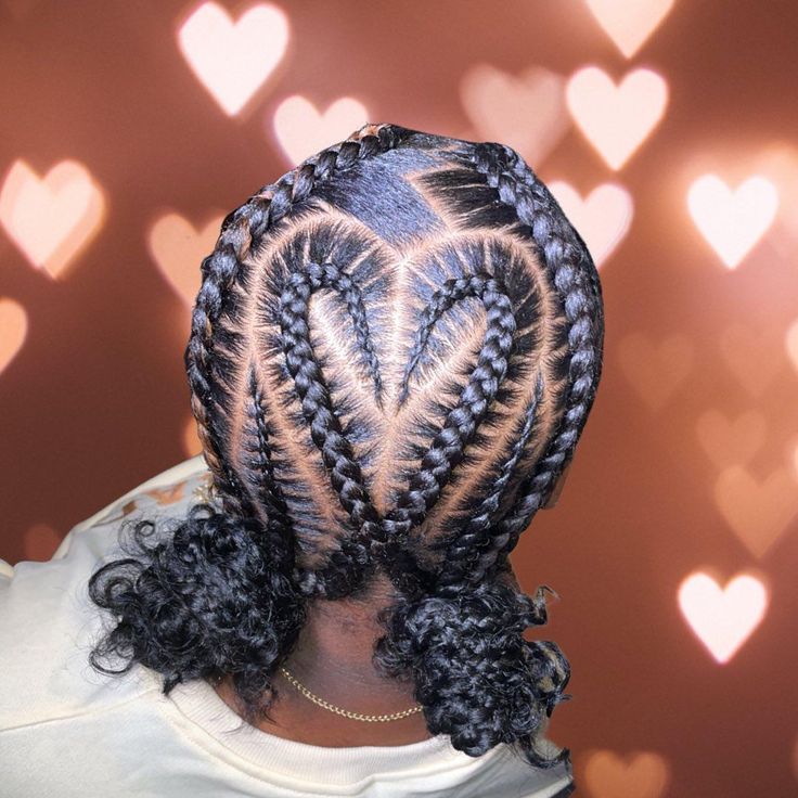 Two Downside Bun Lemonade Braids with Hearts Lemonade Braids With Heart, Bday Hairstyles, Braids With Heart, Heart Braids, Straight Back Braids, Ghana Braids Hairstyles, Sweet Hairstyles, Lemonade Braids Hairstyles, Heart Braid