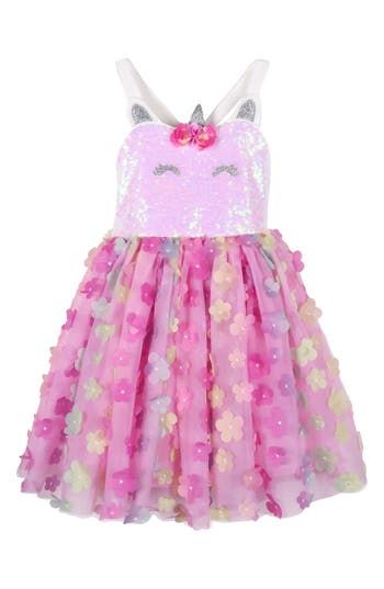 Three-dimensional blooms lend texture to the skirt of this showstopping kid-sized party dress with a sequin-adorned bodice and unicorn features. Lined Bodice is 95% polyester, 5% spandex; skirt is 100% polyester Hand wash, line dry Imported Sleeveless Embellished Princess Dress For Spring, Spring Embellished Princess Dress For Dress-up, Summer Party Embellished Princess Dress, Whimsical Sequined Dresses For Parties, Spring Pink Embellished Princess Dress, Summer Princess Dress With Unicorn Print For Party, Summer Party Princess Dress With Unicorn Print, Princess Style Tutu Dress With Floral Applique For Party, Playful Sequin Party Dresses