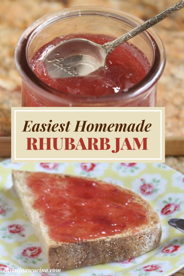 homemade rhubarb jam in a jar and on a plate with a spoon