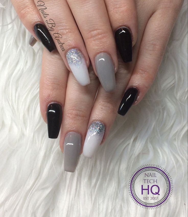 Gray Black Nail Designs, Black Grey Glitter Nails, Black Grey Nails Ideas, Black White Gray Silver Nails, Gray Black White Nails, Grey Black White Nails, Black Grey Silver Nails, Black Grey Nails Design, Black White And Gray Nails