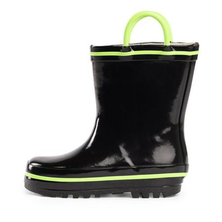 NORTY Toddler Boys Waterproof Rubber Rain boots Black Lime Mid-Calf Size 8 Toddler Medium Width. Kids look forward to rainy days when they can wear these rainboots with the big, easy-to-grab rubber handles. The deep, rugged lug soles provide superior grip for every muddy puddle and slippery slope. Toddlers can run around outside all day stomping puddles and never get their feet wet - the boots are 100% rubber and completely waterproof. A quick swipe with a damp cloth after a long, wet day and th Rain Boots For Kids, Muddy Puddle, Polka Dot Rain Boots, Kids Rain Boots, Big Easy, Girls Shoes Kids, Toddler Kids, Navy Pink, Mid Calf Boots