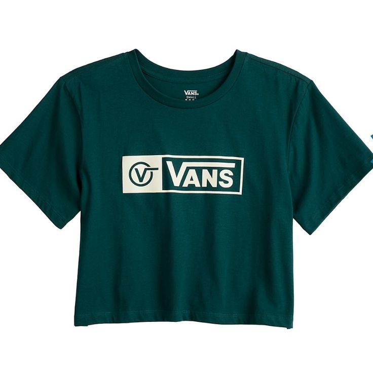 Hunter Green Short Sleeved Cropped Tshirt With White Vans Graphics As Shown 100% Cotton Vans Graphic Tee With Logo Print, Vans Graphic Print Tops, Vans Short Sleeve Top With Letter Print, Vans Graphic Tee With Graphic Print, Vans Casual Short Sleeve Tops, Casual Short Sleeve Vans Tops, Vans Relaxed Fit Graphic Tee, Sporty Cotton Tops By Vans, Vans Cotton Graphic Print Tops