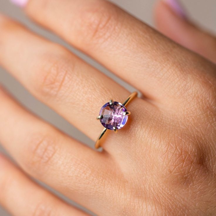 Purple Amethyst Solitaire Ring 14K Gold for Women 8mm - February Birthstone Birthday Gift - Natural Gemstone Minimalist Ring ● Metal: 14K solid gold, 14K white gold or 14K rose gold ● Gemstone: Purple Amethyst, briolette cut ● Stone Diameter: 8 mm (0.3 in) ● Choose from the drop down menus the available options (Material, Ring size) and leave us a note for any special requirements. ● All our pieces are delivered beautifully packaged and gift ready, with a certificate of authenticity for the meta Fine Jewelry 14k Gold Amethyst Ring With Round Cut, 14k Gold Cushion Cut Solitaire Jewelry, Brilliant Cut Tanzanite Gemstones For Gift, Brilliant Cut Tanzanite Gemstones As Gift, Classic Amethyst Ring For Gift, Yellow Gold Kunzite Jewelry Gift, Yellow Gold Kunzite Jewelry As A Gift, Round Amethyst Birthstone Ring In Fine Jewelry Style, Amethyst Solitaire Birthstone Ring As Gift