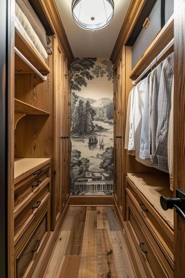 an empty walk in closet with wood floors and wallpaper on the walls behind it