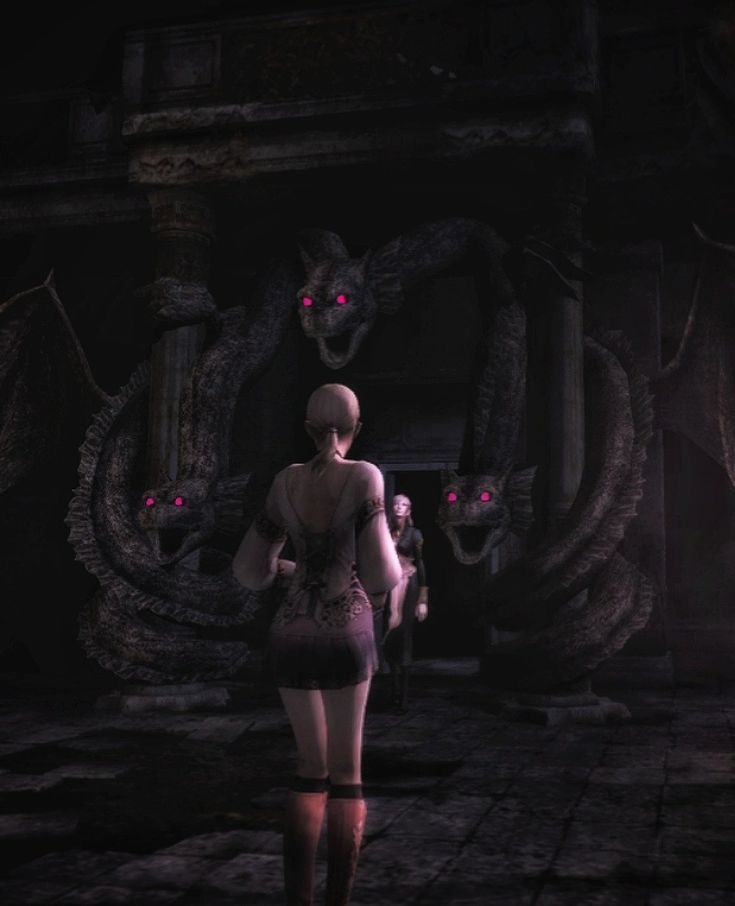 an animated image of a woman in a dark room with two demonic creatures behind her