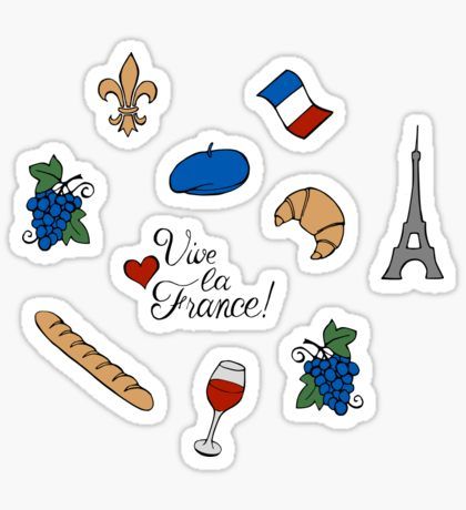 stickers with the words vie la france written in french and various types of food