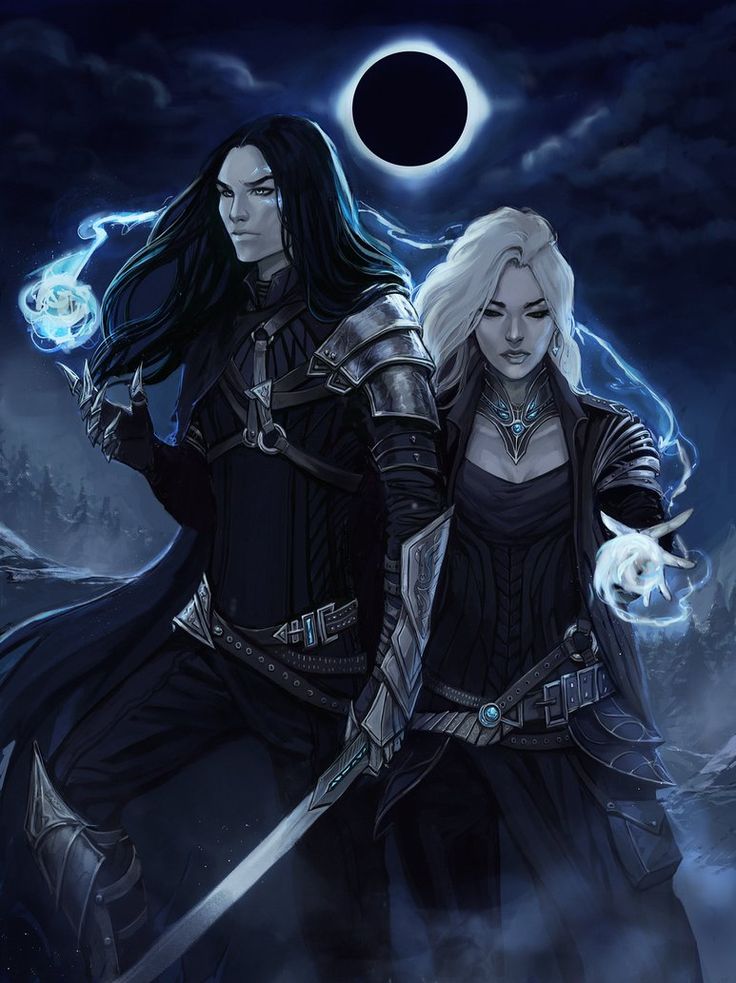 two people standing next to each other holding swords