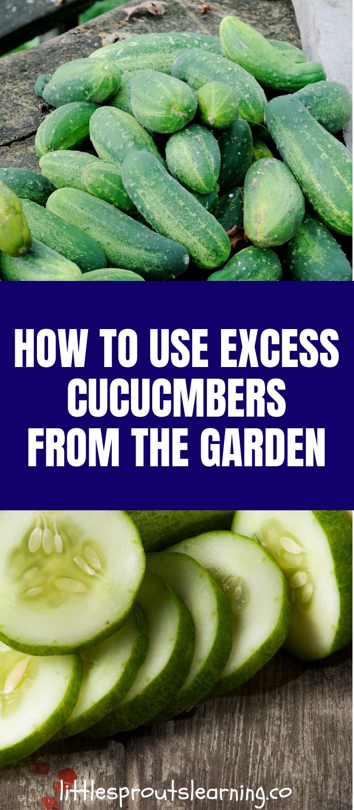 cucumbers cut up and stacked on top of each other with text overlay how to use excess cucumbers from the garden