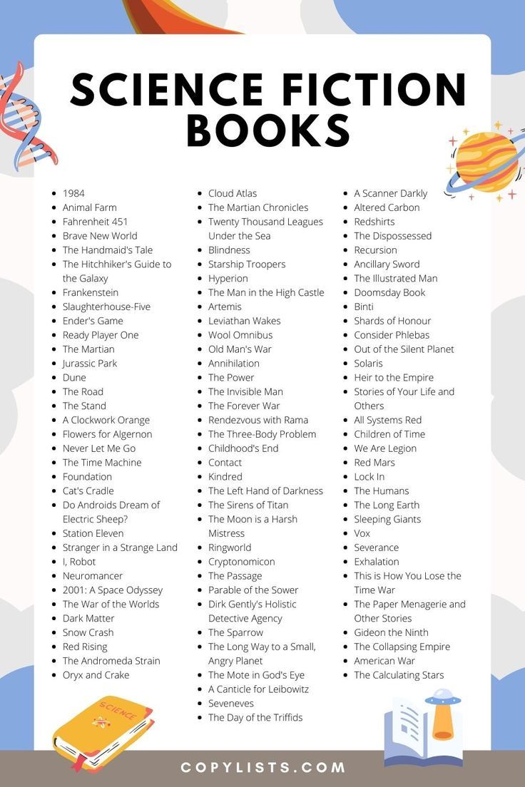 A list of science fiction books with a background of books and planets. The link leads to a readable list of books. Reading List Challenge, Live Long And Prosper, The Handmaid's Tale, Fiction Books Worth Reading, Fahrenheit 451, Handmaid's Tale, Reading Rainbow, Unread Books, Recommended Books To Read