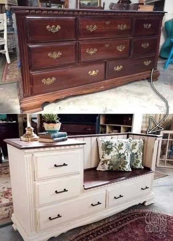 before and after photos of an old dresser turned into a bench with cushions on it