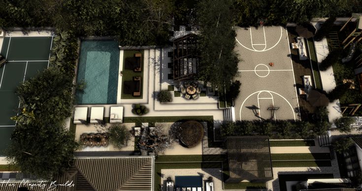 an aerial view of a basketball court and pool