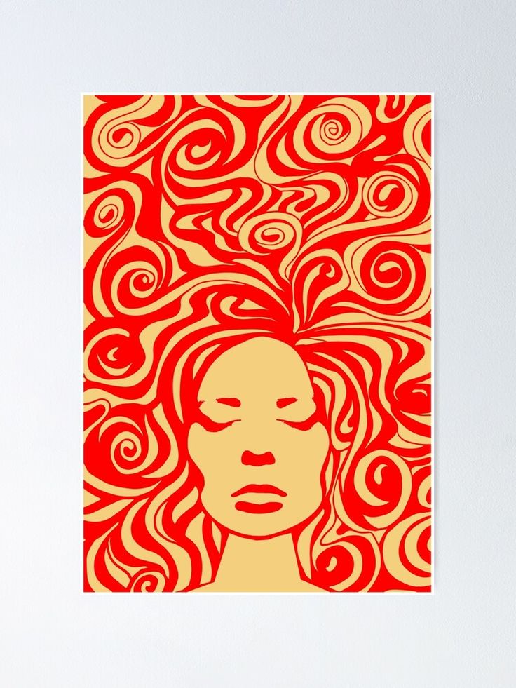 a woman's face with red and yellow swirls on it poster