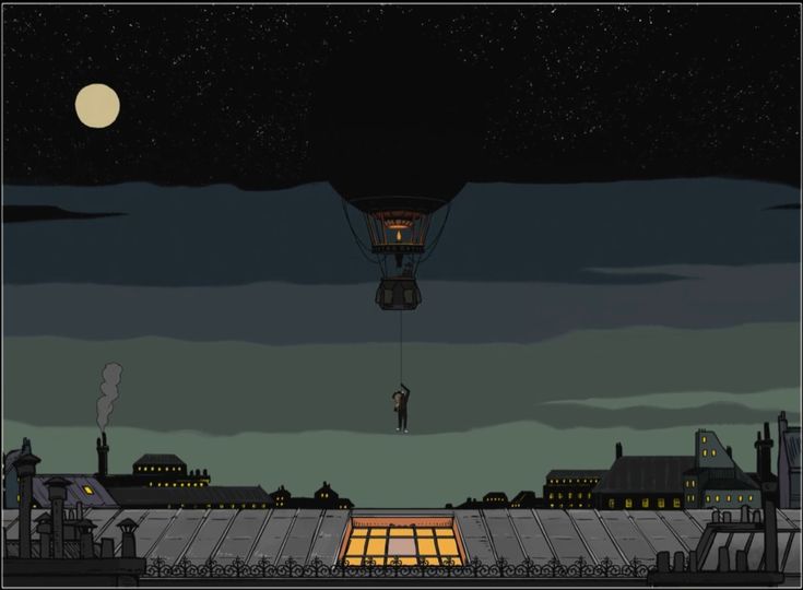 an image of a man hanging from a hot air balloon in the sky over a city at night