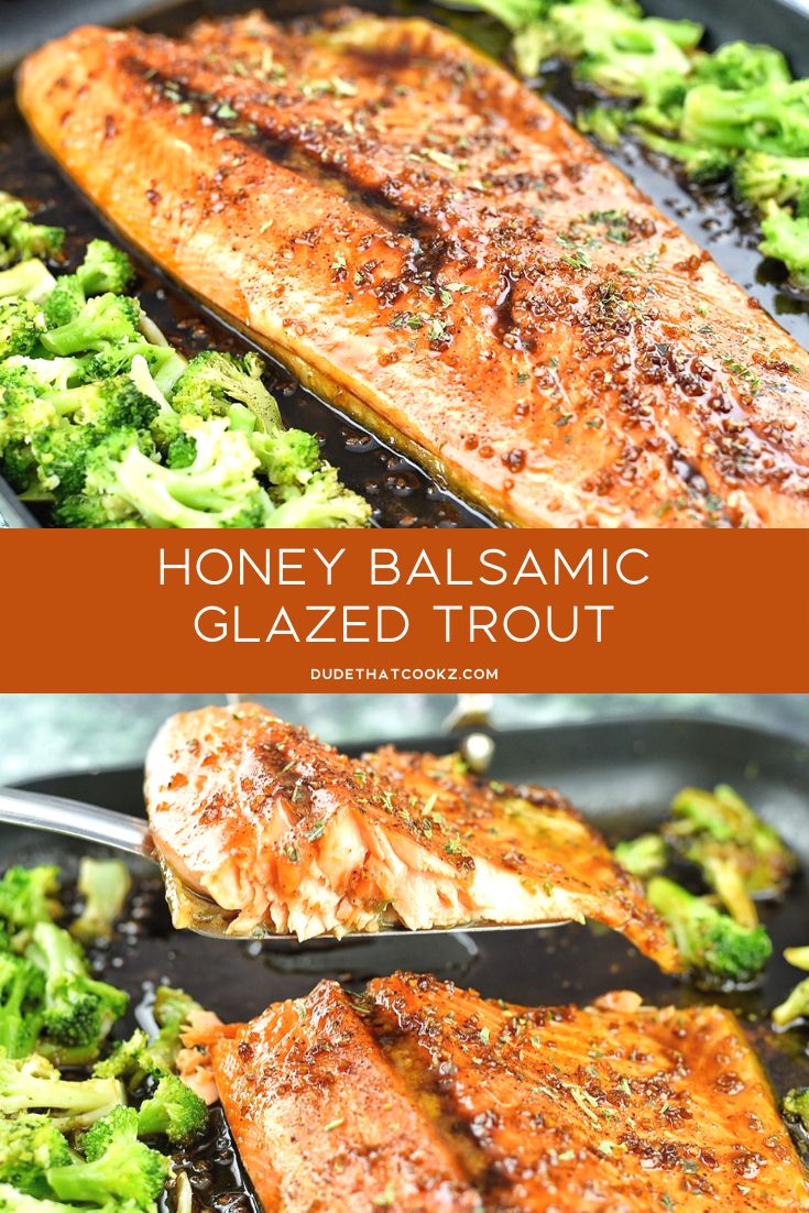 honey balsamic glazed salmon in a skillet with broccoli on the side