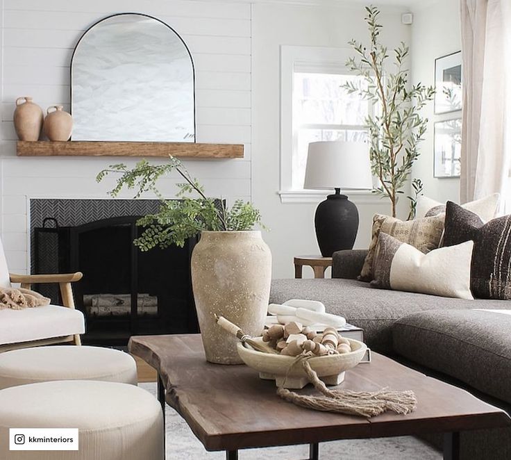 a living room filled with furniture and a fire place in front of a mirror on the wall