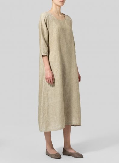 Linen Elbow Sleeve Long Dress - Plus Size Elegant Linen A-line Maxi Dress, Classic Solid Color Maxi Dress, Elegant Linen Midi Dress For Spring, Elegant Solid Midi Dress For Daywear, Elegant A-line Linen Dress For Daywear, Elegant Linen Day Dress, Elegant Linen Midi Dress With V-neck, Elegant Linen Dress For Daywear, Elegant V-neck Linen Midi Dress