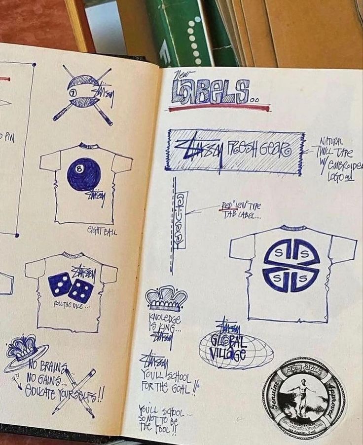 an open notebook with drawings and stickers on the pages, including t - shirts