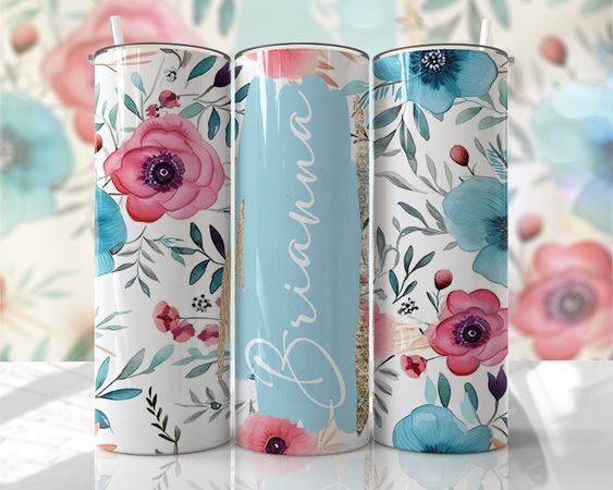 Pink And Blue - Floral - 20oz Skinny Seamless Tumbler Wrap PNG - Sublimation Tumbler Template - EmmePrintCo Easter Tumblers, Summer Tumbler, Commercial Use Fonts, Floral Tumbler, Glitter Photo, Tumbler Template, Mug Press, Custom Tumbler Cups, Cute Shirt Designs