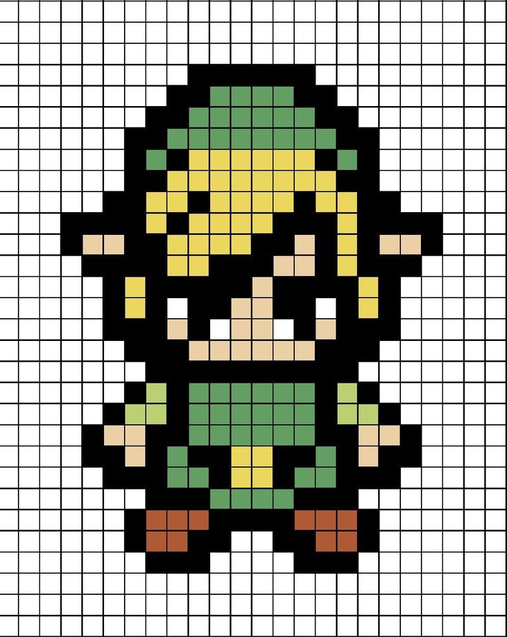 A pixel art template of Link from the Zelda game series. Pixel Link Zelda, Link And Zelda Pixel Art, Korok Zelda Perler, The Legend Of Zelda Perler Beads, Pixel Zelda Art, Pixel Art Pattern Video Games, 8 Bit Pixel Art Grid, Breath Of The Wild Pixel Art, Zelda Beads Pattern