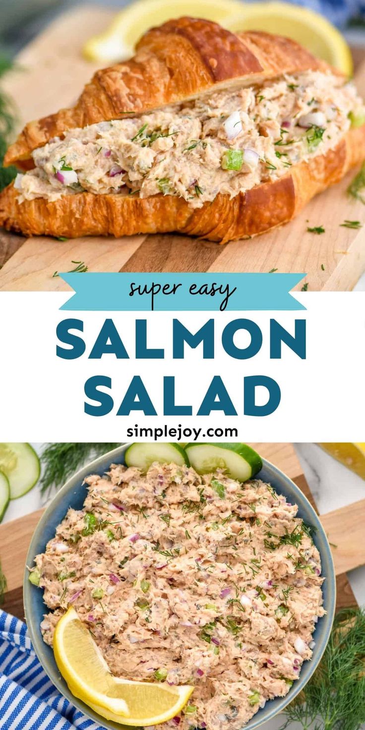 salmon salad in a bowl with lemon wedges on the side and an image of a croissant sandwich