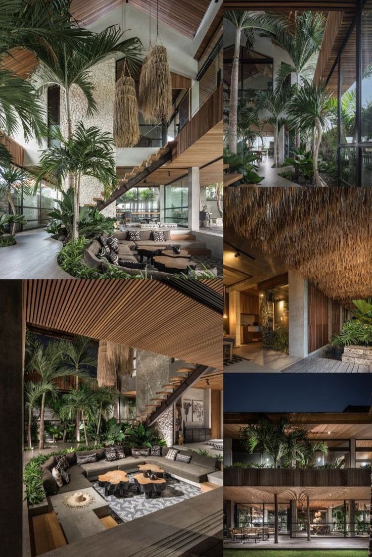 the interior and exterior of a modern house with palm trees, plants, and an outdoor hot tub